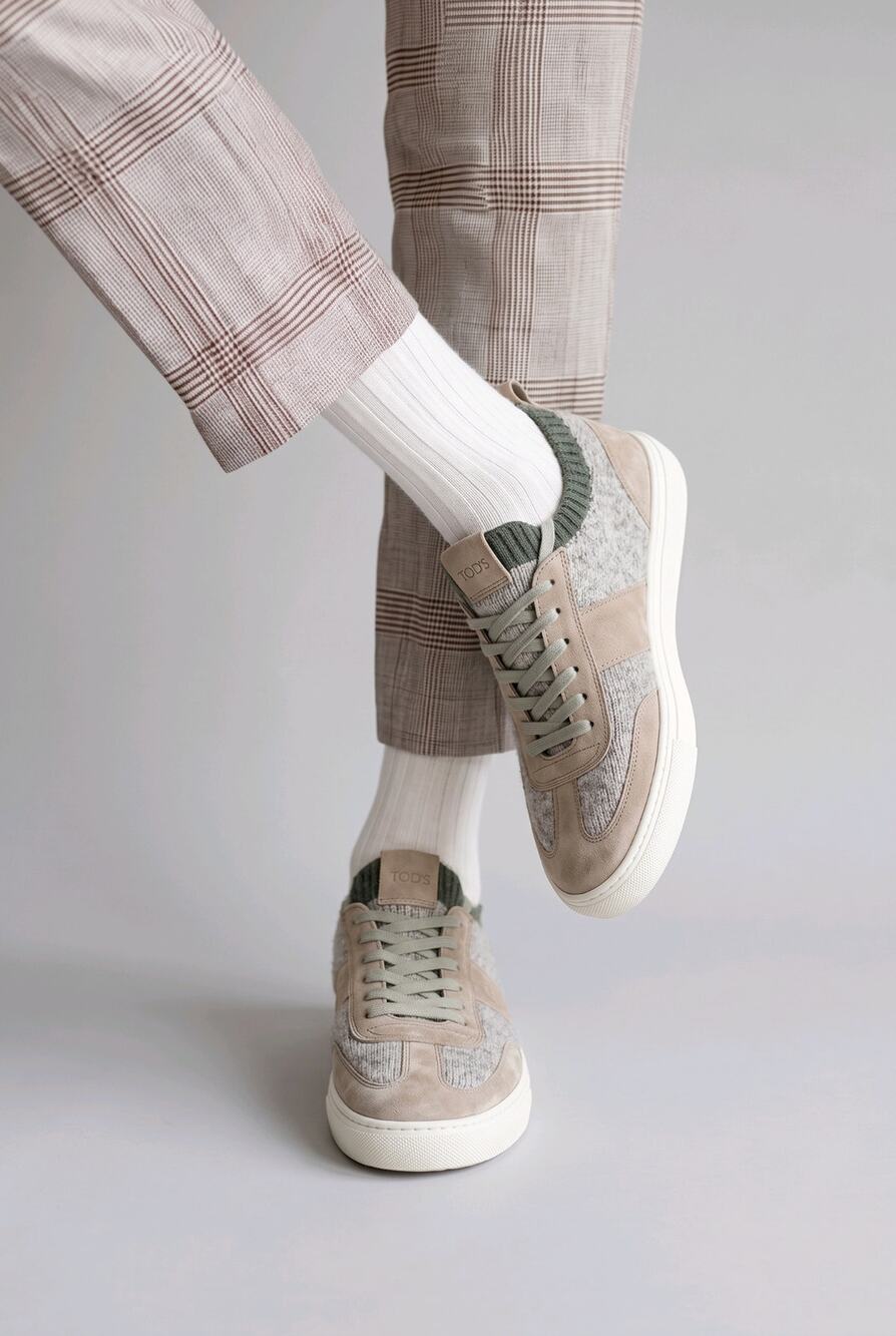 Tod's Taupe Knit & Suede Low-Top Sneakers Mens UK 10 US 11 NIB Authentic